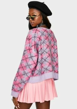 The Ragged Priest Tops Consumer Argyle Fuzzy Knit Cardigan