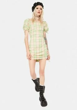 The Ragged Priest Memory Ruched Plaid Mini Dress