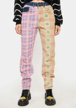 The Ragged Priest Plaid Pants Pink Hot Rod Mix Check Jeans