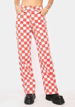 The Ragged Priest Red Rook Checkered Jeans Bottoms