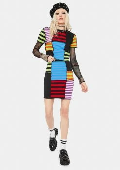 The Ragged Priest Performer Patchwork Stripe Mini Skirt Bottoms