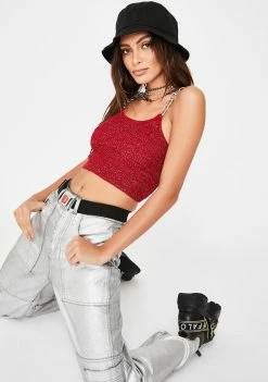 The Ragged Priest Red Glitter Chain Strap Ribbed Cami Top Tops