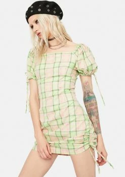 The Ragged Priest Memory Ruched Plaid Mini Dress