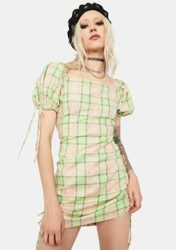 The Ragged Priest Memory Ruched Plaid Mini Dress