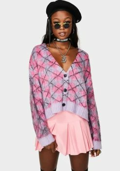 The Ragged Priest Tops Consumer Argyle Fuzzy Knit Cardigan