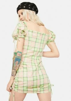 The Ragged Priest Memory Ruched Plaid Mini Dress
