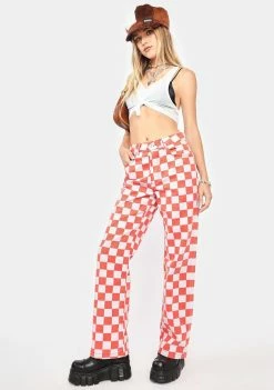 The Ragged Priest Red Rook Checkered Jeans Bottoms