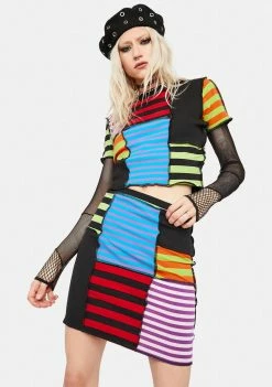 The Ragged Priest Performer Patchwork Stripe Mini Skirt Bottoms